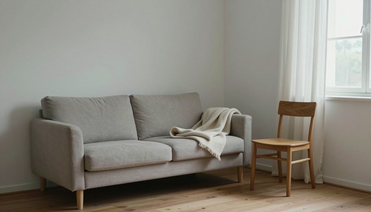 Un coin de séjour clair et dépouillé : un canapé bas avec un plaid plié, une chaise en bois à côté, la lumière d&rsquo;une fenêtre